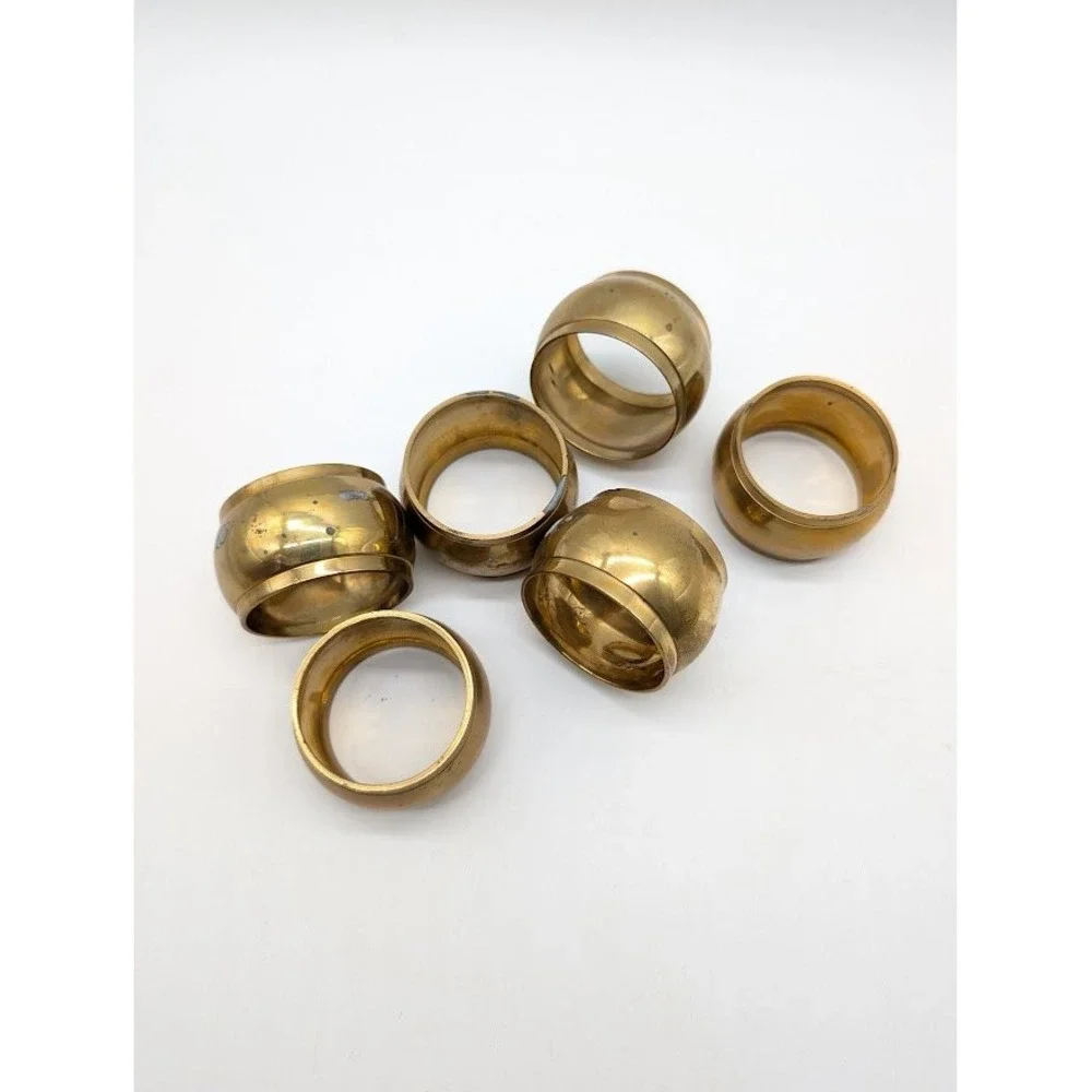 6 Set Vtg Solid Brass Napkin Rings India Barrel India Patina Mid Century 1.5x1